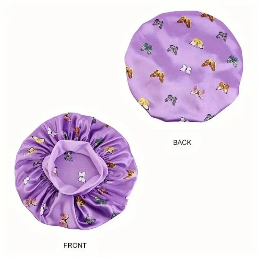Butterfly Purple Satin Hair Bonnet wide band hair cap sleep hair protector